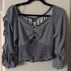 Fashion Nova Navy and White Ruched Crop Blouse
